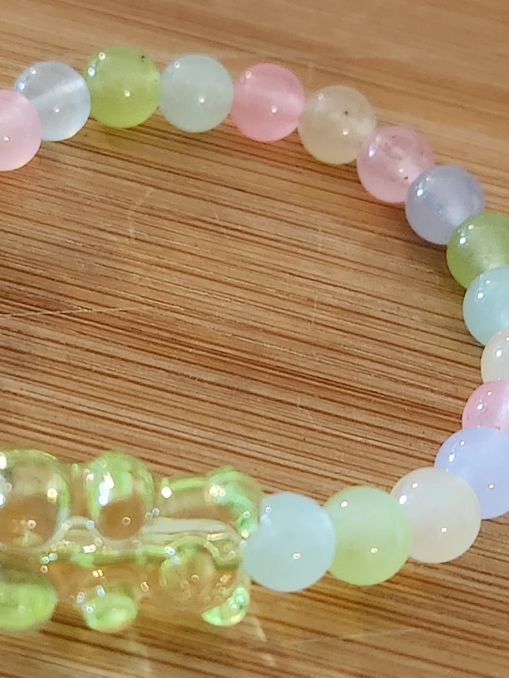 Hand Crafted Pastel Beaded Stretch Bracelet with Green Bear Charm